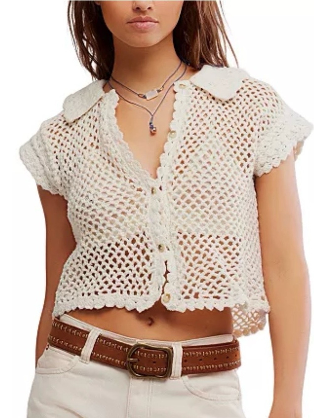 Free People Cream Crochet Lily Button-Front Cotton Top Sz XS Beach Boho Collared